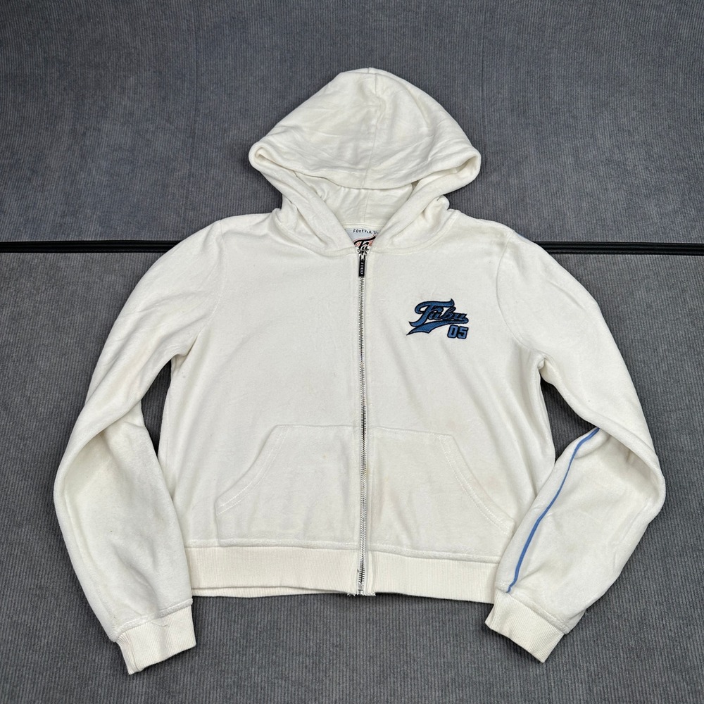 Forever 21 FUBU White Velour Zip Up Hoodie Y2K Embroidered Logo Sweatshirt